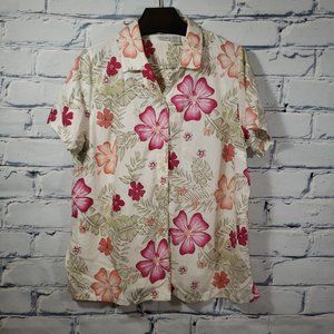 VTG 90s S/S Button Up Hawaiian Shirt Top Womens 18W Hibiscus Floral Tropical